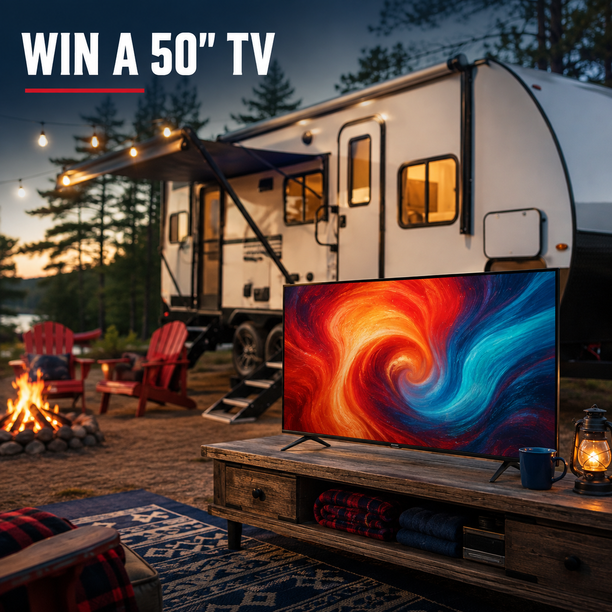 Win a 50 inch TV shown at a campsite in front of a travel trailer