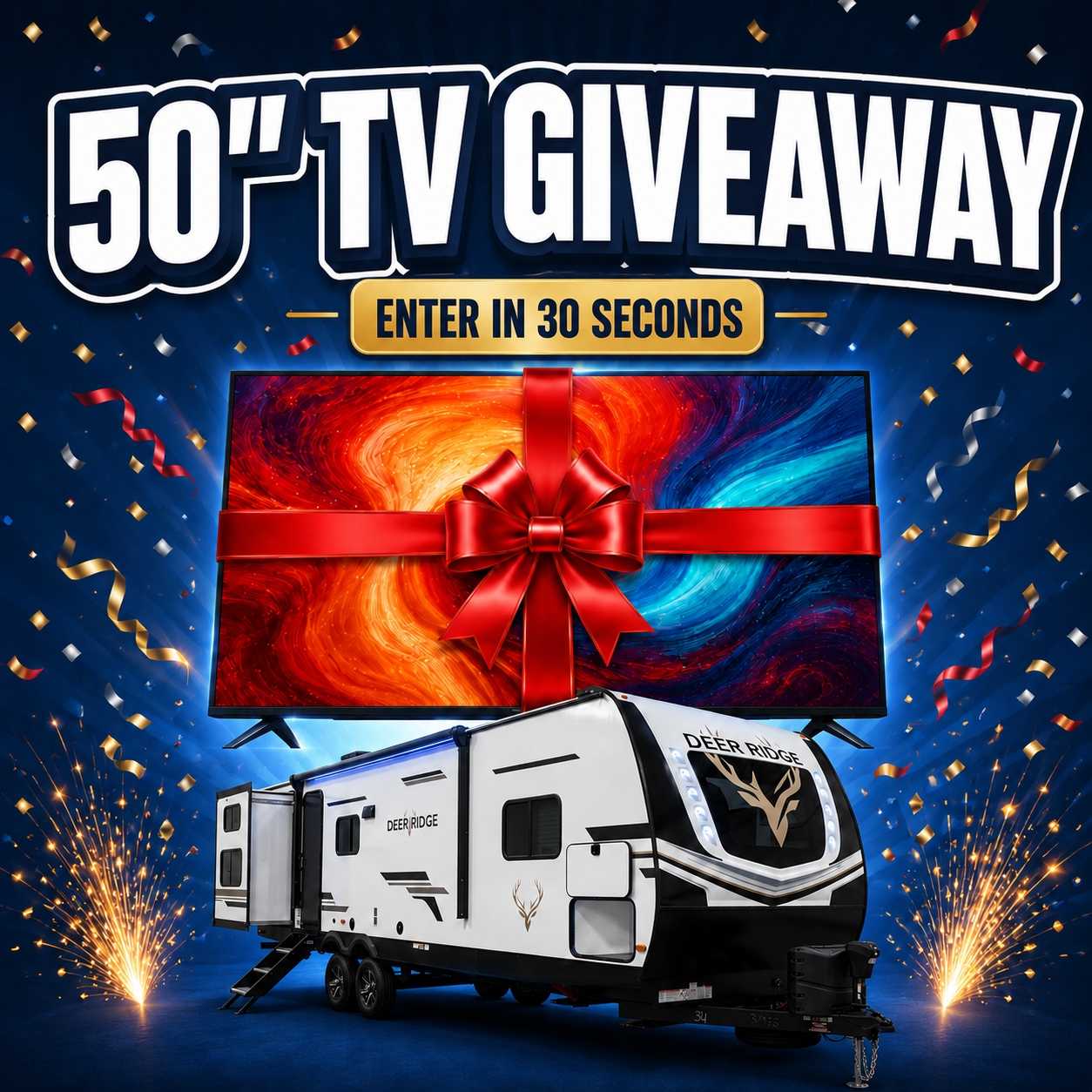 50 inch TV giveaway banner with a Deer Ridge travel trailer